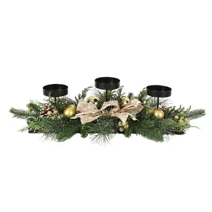 Christmas centerpiece candle holder with 3 black cups pine needles and golden bow