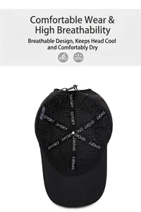 A detailed view showing the breathable mesh interior lining of a black quick-dry sports cap