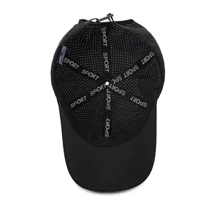 Close-up interior view of a black quick-dry mesh sport cap with breathable texture