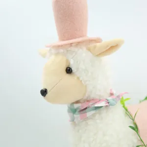 Detailed macro view of a pastoral sheep doll wearing a pink felt top hat.