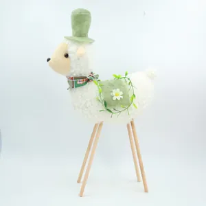 Detailed side view of a pastoral sheep plush doll with wooden legs and top hat.