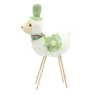 Handcrafted pastoral sheep figurine with wooden legs and green top hat ornament