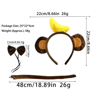 Detailed monkey costume accessory set dimensions for headband, bow tie, and tail