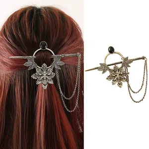 Vintage Alloy Artificial Gemstone Hair Stick Leaf Snowflake Black Gemstone Metal Tassel Retro Antique Gold Silver Hairpins