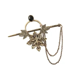 Vintage bronze metal hair stick with snowflake maple leaf and punk style chain