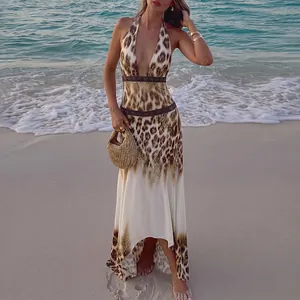 Robe Maxi Sexy Imprimé Léopard Femme Col en V Profond Découpe Dos Nu Robe d'Été Dégradée pour Fête Vacances