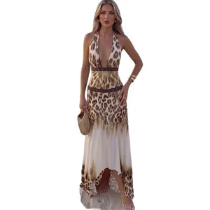 Robe longue sexy léopard à dos nu avec col en V profond et dégradé élégant