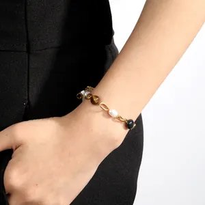 Bracelet Vintage En Acier Inoxydable Avec Oeil De Tigre Künstliche Perle Et Pierre Naturelle Chaîne À Künstliche Perles Dorée Pour Femme