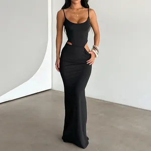 Robe Longue Sexy Pour Femmes Spandex Polyester Évidée Coupe Slim Taille Découpée Streetwear Été Robe À Bretelles