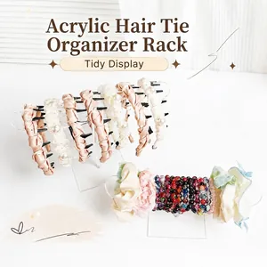 Clear acrylic headband and scrunchie display stand for hair accessories organizer.