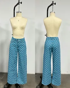 Detailed front and back views of blue polka dot wide-leg denim pants