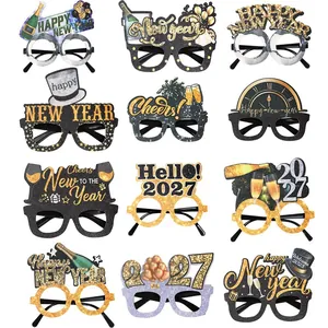 2026 Happy New Year Party Glasses Black Gold Glitter Cardstock Photo Props Cheers Fireworks Pattern For Festive Celebration