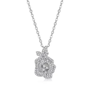 Elegant silver rose flower pendant necklace with sparkling clear zircon stones