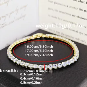 Detailed view of a gold-plated zircon tennis bracelet with size and weight specs