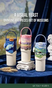Artistic Van Gogh inspired insulated tumblers with portable handle and floral charm