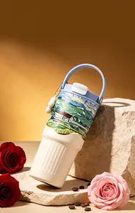 Close-up of Van Gogh starry night insulated tumbler with artistic gold stamping