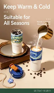 Detail of Van Gogh Starry Night insulated tumbler with ceramic liner and gold accents
