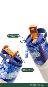 Close-up detail of the Van Gogh Starry Night travel mug's dual straw and direct sip lid.
