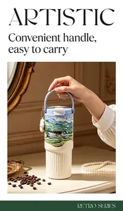 Close-up of Van Gogh style insulated tumbler with convenient handle and artistic patterns