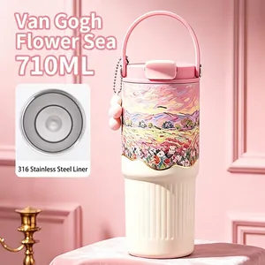 Detail of 710ml Van Gogh style pink insulated tumbler with 316 stainless steel liner