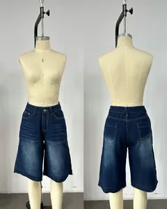 Detailed front and back views of vintage high-waist loose denim Bermuda shorts for women