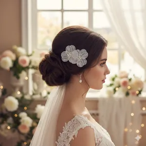 Elegant white lace flower bridal hair comb with gold thread for wedding hairstyle.