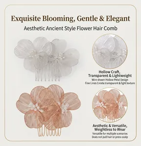 Detailed hollow wire flower hair comb with pearls for elegant bridal hair styling
