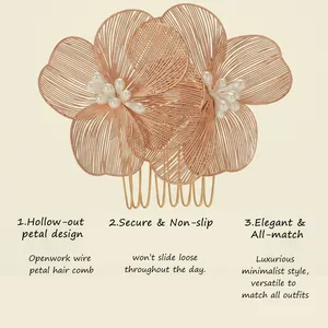 Close-up detail of a rose gold wire flower hair comb featuring elegant faux pearl accents
