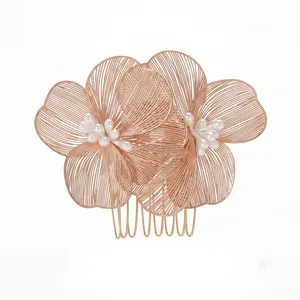 Elegant rose gold wire flower hair comb with white pearls for bridal and Hanfu hairstyles
