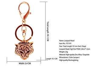 Rhinestone leopard head keychain detail showing size dimensions and materials info