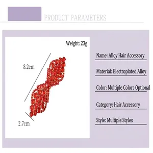 Detailed product parameters of red rhinestone spring hair clip with alloy plating finish