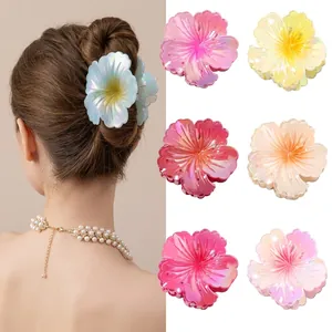 Pince à Cheveux Fleur d'Hibiscus Irisée Nacrée en Plastique PS Antidérapante Douce Accessoires de Cheveux Plage d'Été Pour Femmes Filles