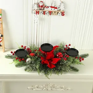 Christmas Centerpiece Candle Holder Artificial Pine Needles Red Berries Velvet Bow Table Desktop Decor