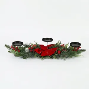 Christmas centerpiece wreath with 3 candle holders red bow and pine needles