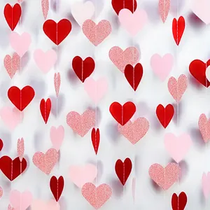 Romantic Heart Paper Garland Glitter Mirror Cardstock Hanging Banner For Valentine Wedding Birthday Party Room Wall Decoration