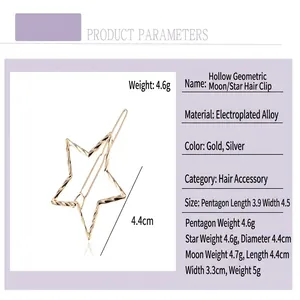 Detailed product parameters of twisted hollow star hairpin with material and size info.