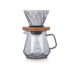 Manual Pour Over Coffee Dripper And Sharing Pot Carafe Heat Resistant Borosilicate Glass Wood Base Diamond Pattern Modern
