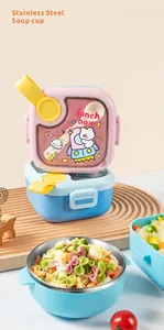 Close-up of portable children's lunch box set with cartoon rocket design and stainless bowl.