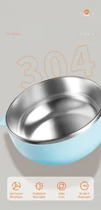 Detailed macro view of 304 stainless steel inner lining of baby food bowl with light blue shell