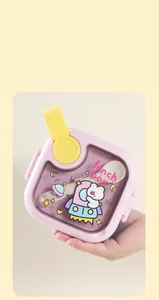 Portable pink kids lunch box with cute bear design and carry strap detail.