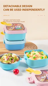 Detachable 304 stainless steel insulated lunch box set for kids with a cute cartoon lid