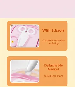 Close-up of food scissors and removable silicone ring for baby food container