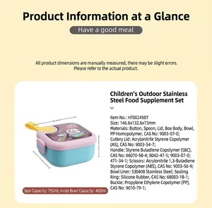 Detailed specifications for children's 304 stainless steel lunch box and bowl set.