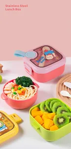 Detailed close-up view of 304 stainless steel kids lunch box with cute bear lid