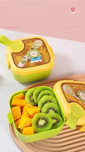 Portable stainless steel children's lunch box with cute bear lid and fresh fruit