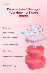 Details of pink baby food container set including lid, scissors, and PP plastic bowls