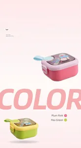 Detailed view of pink and green insulated lunch boxes with cute cartoon bear lids.