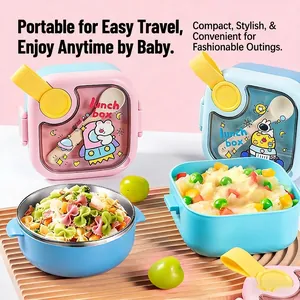 Kids Lunch Box Stainless Steel Portable Insulated Thermal Bento Box With Spoon For School Picnic Cute Cartoon Toddler