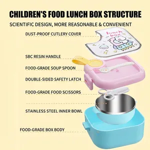 304 stainless steel baby lunch box set with spoon and scissors in exploded view