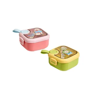 Portable 304 stainless steel baby lunch box with cute cartoon character lid in pink and green